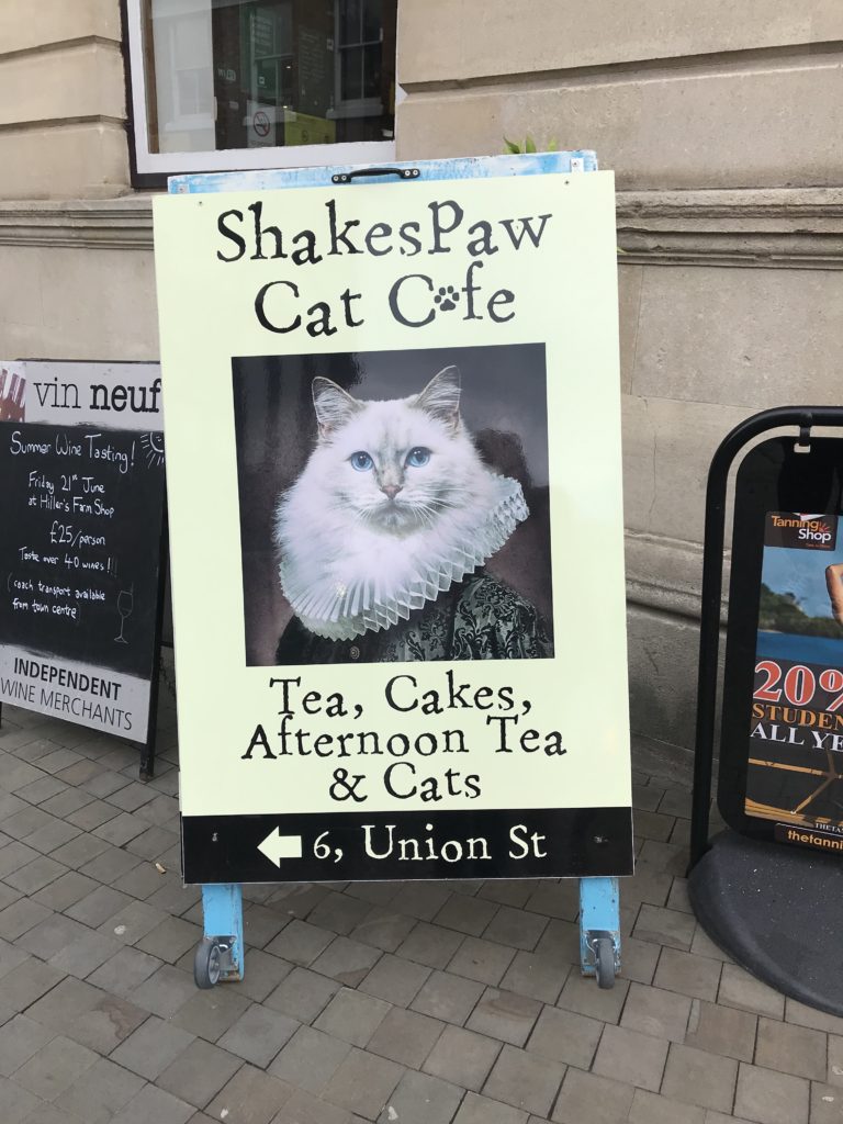 A sign for the Shakespaw Cat Cafe in Stratford-Upon-Avon.